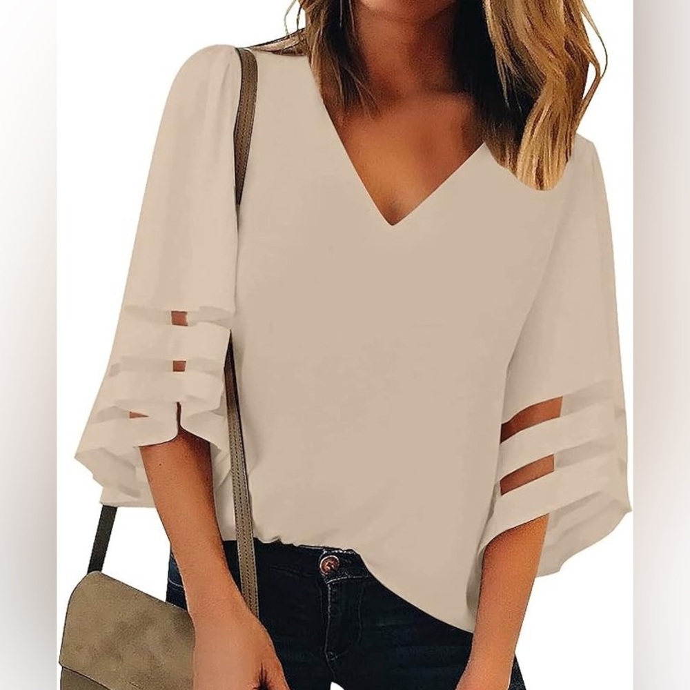 Chiffon v neck blouse 3/4 bell sleeve with mesh panel detail